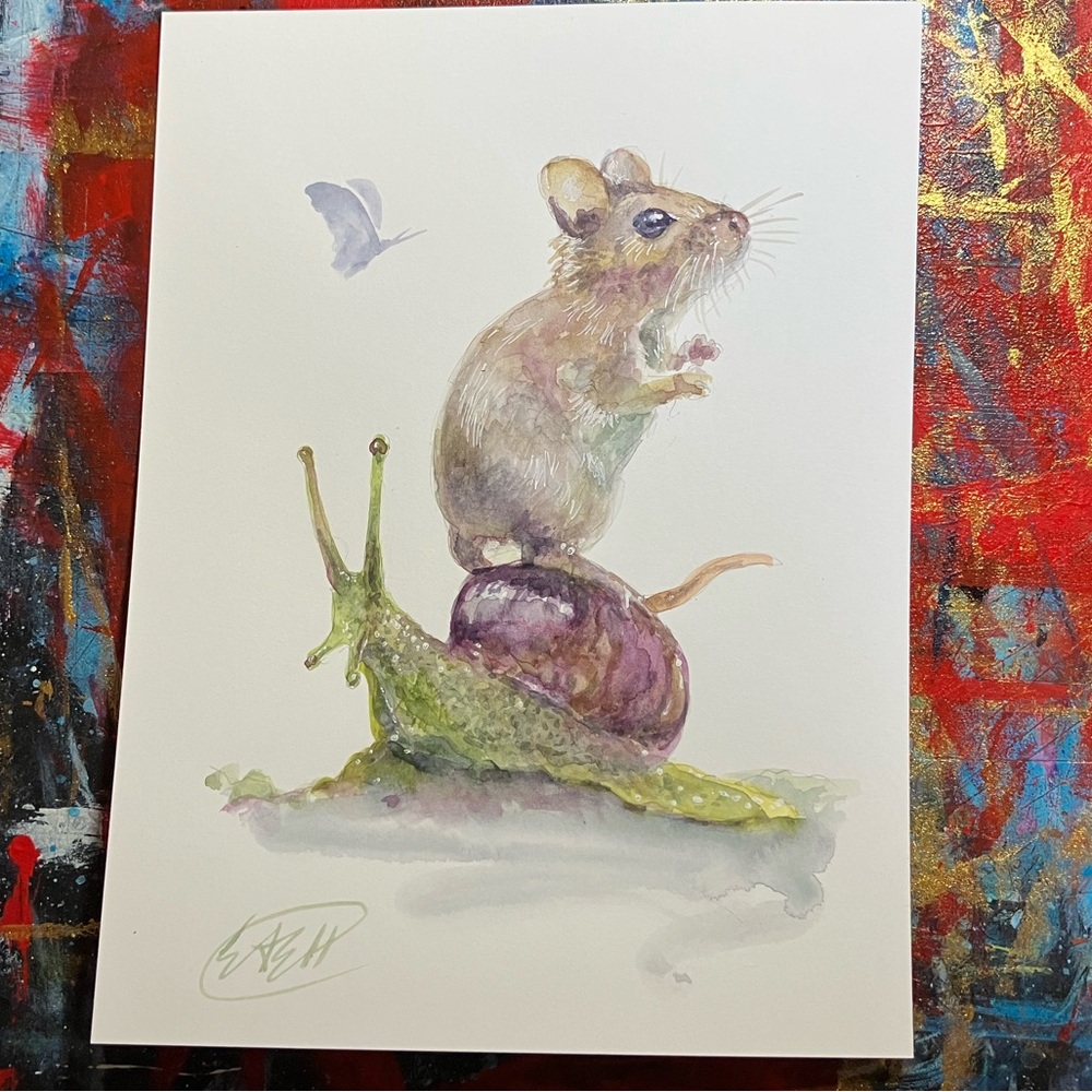 Original Mouse snail painting watercolor art nature animal home decor Artettina